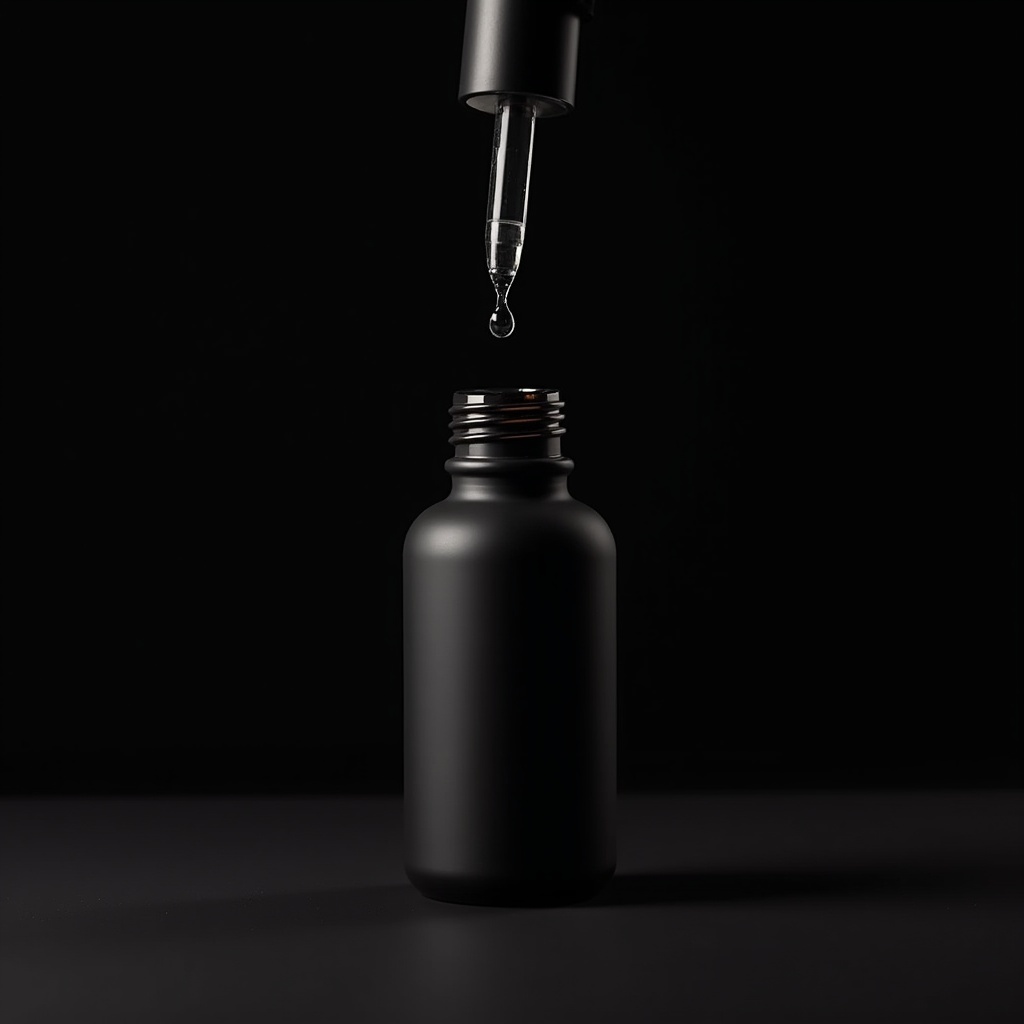 ASTRA serum bottle, dropper mid-pour